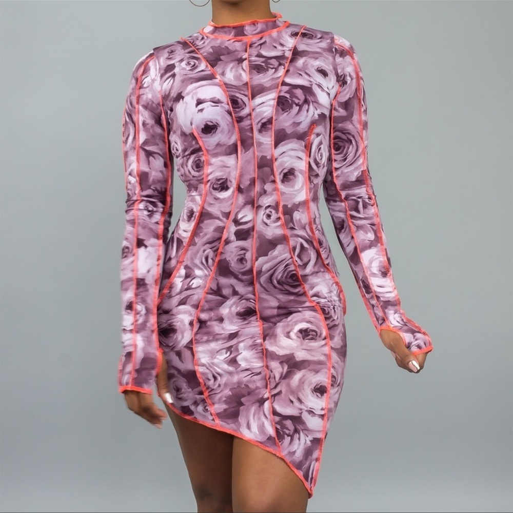 Reverse Seam Rose Print Asymmetrical Bodycon Dress Pink , Mauve Size Small